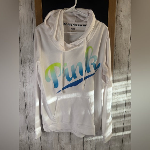 Victoria Secret Pink Women’s Cursive Spell Out Logo Hoodie M White Blue Green - Picture 1 of 6
